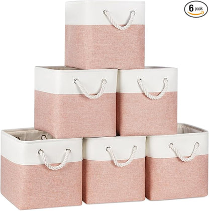 Temary 11 Inch Storage Cubes, Sturdy Fabric Bins with Metal Support & Soft Rope Handles, 6 Pack Foldable Nursery Organizer Baskets for Clothes, Home (White & Pink)
