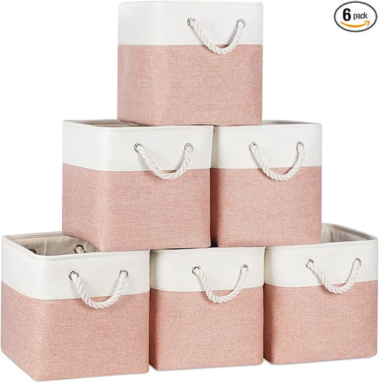 Temary 11 Inch Storage Cubes, Sturdy Fabric Bins with Metal Support & Soft Rope Handles, 6 Pack Foldable Nursery Organizer Baskets for Clothes, Home (White & Pink)