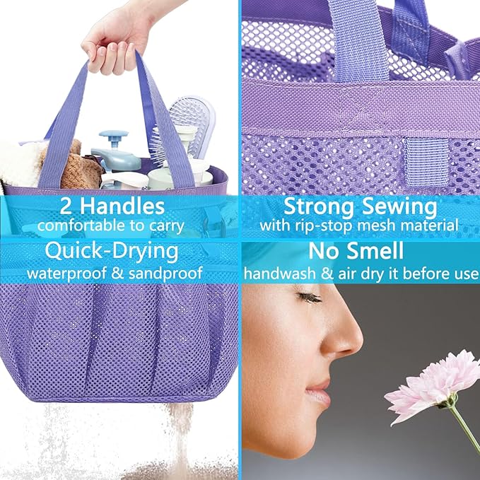 Fammart Mesh Shower Caddy Portable for College Dorm Room Essentials, Odorless Polyester Large Shower Tote Bag with Dual Handles, 8-Pocket Quick-Dry Toiletry Organizer for Travel, Beach, Camping, Gym