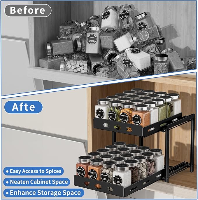 BOIVSHI Pull Out Spice Racks for Inside Cabinets, 2-Tier Cabinet Spice Rack, Height Adjustable Spice Rack Organizer for Cabinet, Kitchen Vertical Spice Rack (9.7''Wx10.8''Dx9.2''H, Metal Black)