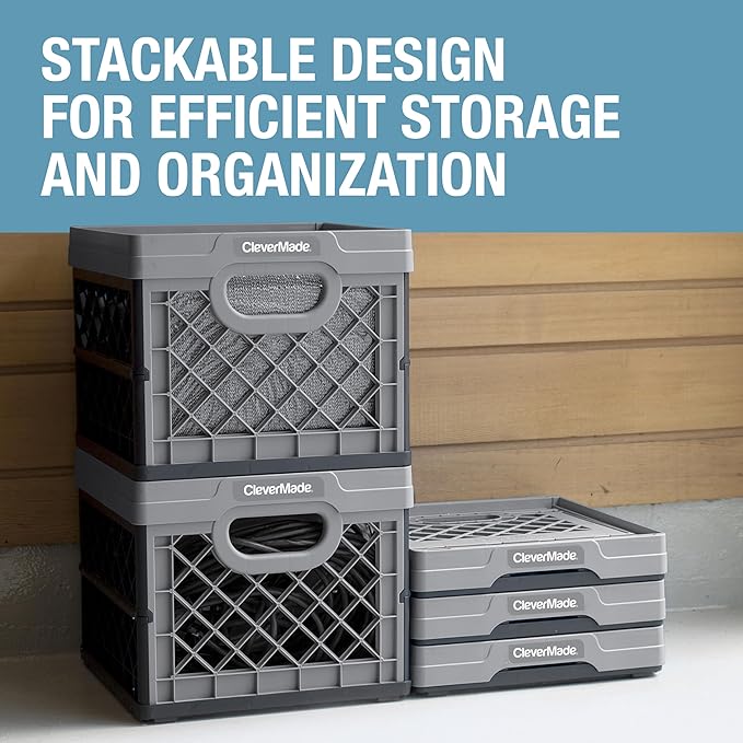 CleverMade Collapsible Milk Crate 25L (6.6 Gal) 3 Pack, 50 lb Capacity Heavy Duty Folding Crate – Stackable Storage Crates with File Rails, Plastic Collapsible Crates - Stone
