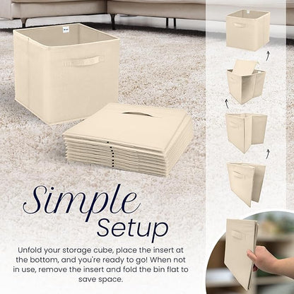 Reli. 11 Inch Cube Storage Bins (4 Pack) | Cube Organizer Bins | 11x11 Fabric Storage Boxes | Collapsible, Foldable Fabric Cubby Box (Square) | Kids Room Organization (Beige)