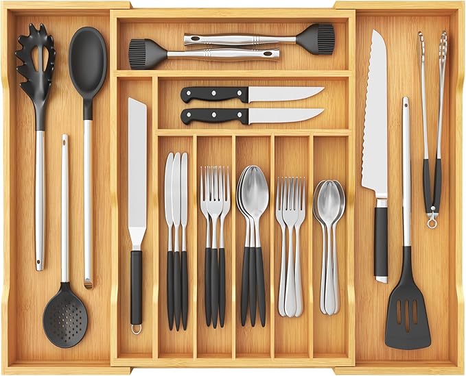 Lifewit Silverware Drawer Organizer, Expandable Utensil Tray for Kitchen, Flatware and Cutlery Holder, Wood Adjustable Storage for Spoons Forks Knives, 17-28 x 18.5, Natural