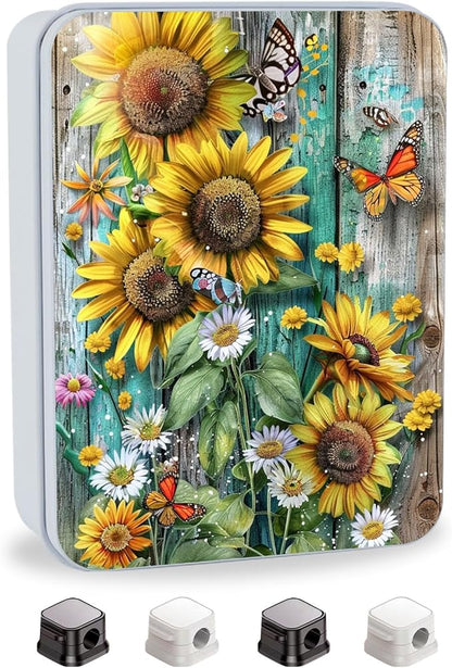 Metal Tin Box with Lid for Game Cards Home Organizer Candles Keys Crafts Storage - Equipped with 4 Magnetic Cord Clips，Sunflowers Daisies and Butterflies