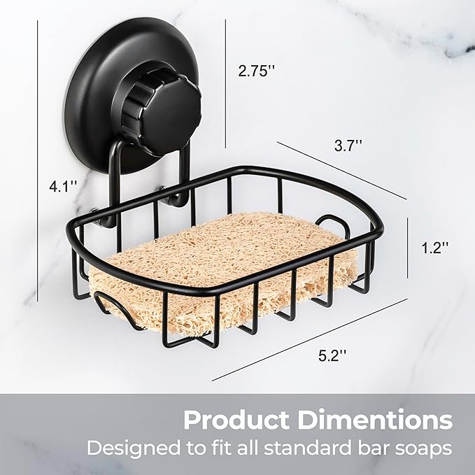 HASKO 2 Pack Suction Cup Soap Dish for Shower Wall, Rustproof Stainless Steel, Shower Soap Holder with Hooks, Includes Optional No Drill Adhesive Mount for Bathroom, 2 Soap Savers, Black