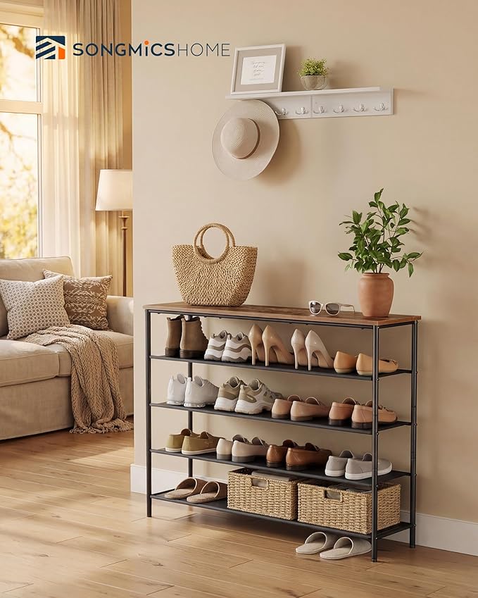 SONGMICS HOME 5-Tier Shoe Rack, Free Standing Shoe Storage Organizer, 12 x 47.4 x 36 Inches, Metal Frame with Top Surface for Closet Entryway, Rustic Brown and Black
