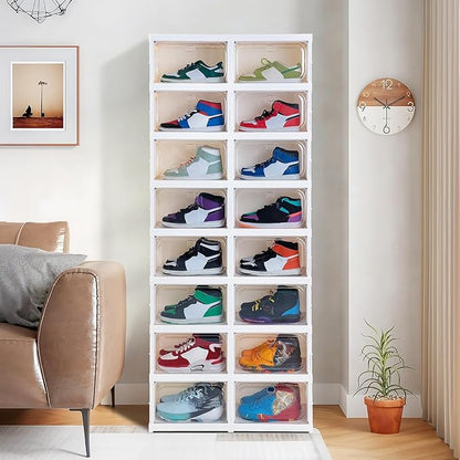 Shoe Box Foldable Storage Box Installation-free Clear Plastic Stackable Shoe Storage Cabinet Shoe Organizer Shoe Container Box with Lids Large Size Shoe Rack (8 Tiers 16 Pairs)