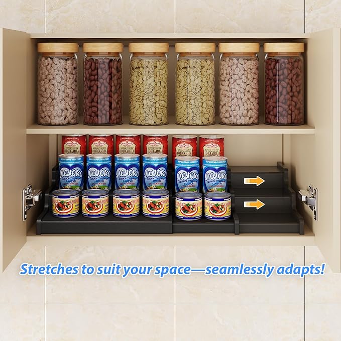 Expandable Bamboo Can Rack Organizer, 3-Tier Adjustable Pantry Storage, Can Holder for Kitchen & Pantry, Canned Food Soda Organizer, Holds Up to 24 Cans, Black (Patent Pending)