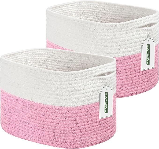 ECDYQXVU Cotton Rope Shelf Storage Basket, 15x10x9 in, Shelf Storage Baskets for Clothes, Towels, Books, Laundry (White/ Pink, 2 Pack)