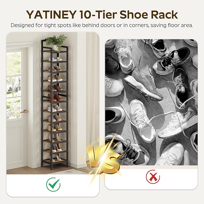 YATINEY 12-Tier Tall Shoe Rack, Vertical Shoe Organizer for Small Spaces, Wooden Shoe Shelf for Entryway, Space Saving Shoe Storage, Holds 12 Pairs of Shoes, Rustic Brown and Black SS52BR