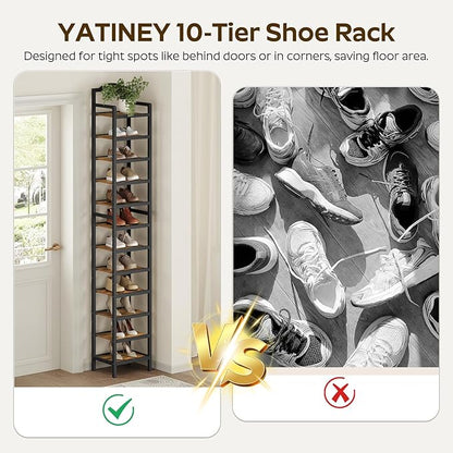 YATINEY 12-Tier Tall Shoe Rack, Vertical Shoe Organizer for Small Spaces, Wooden Shoe Shelf for Entryway, Space Saving Shoe Storage, Holds 12 Pairs of Shoes, Rustic Brown and Black SS52BR