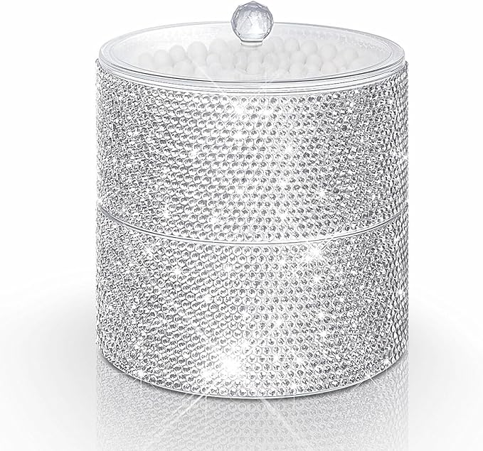 Bling Round Dispenser Stackable Apothecary Jar with Clear Lid ,Qtip Hold Bathroom Containers Cotton Ball & Swab Canister Vanity Organizer for Q-tip Cotton Round, Floss, Makeup Pads (2-Tier)
