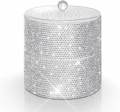 Bling Round Dispenser Stackable Apothecary Jar with Clear Lid ,Qtip Hold Bathroom Containers Cotton Ball & Swab Canister Vanity Organizer for Q-tip Cotton Round, Floss, Makeup Pads (2-Tier)