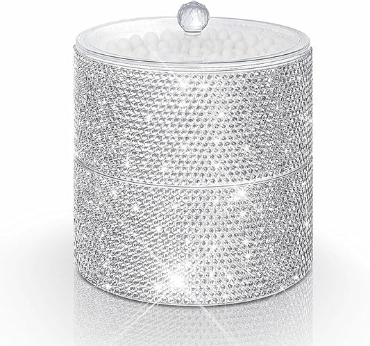 Bling Round Dispenser Stackable Apothecary Jar with Clear Lid ,Qtip Hold Bathroom Containers Cotton Ball & Swab Canister Vanity Organizer for Q-tip Cotton Round, Floss, Makeup Pads (2-Tier)