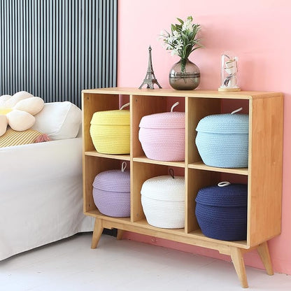 Sea Team Round Cotton Rope Storage Basket with Lid, Decorative Woven Storage Bin, Pot, Caddy, Organizer, Container for Snacks, Towels, Plants, 13 x 9 Inches (Large, Yellow)