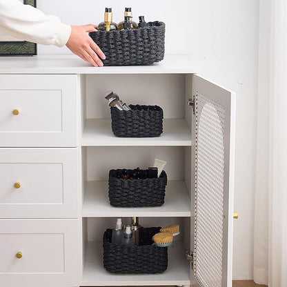 4PCS Woven Storage Baskets Set, Small Baskets for Organizing, Square Handwoven Paper Rope Organizer Bins for Shelves and Home Storage (Black)