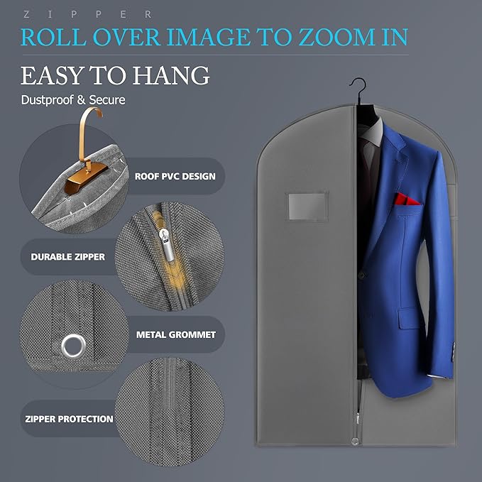 40-inch Suit Bag Garment Bag for Travel and Storage, Garment Bags for Hanging Clothes with Zipper and Visible Transparent Window, Gray 1 pack
