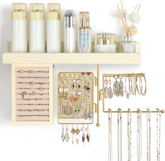 SOLIMINTR Hanging Jewelry Organizer Wall Mount with Rustic Wood Shelf, Ring Display Box, Ear Studs Earring Holder, Rotating Necklace Holder Organizer Gold