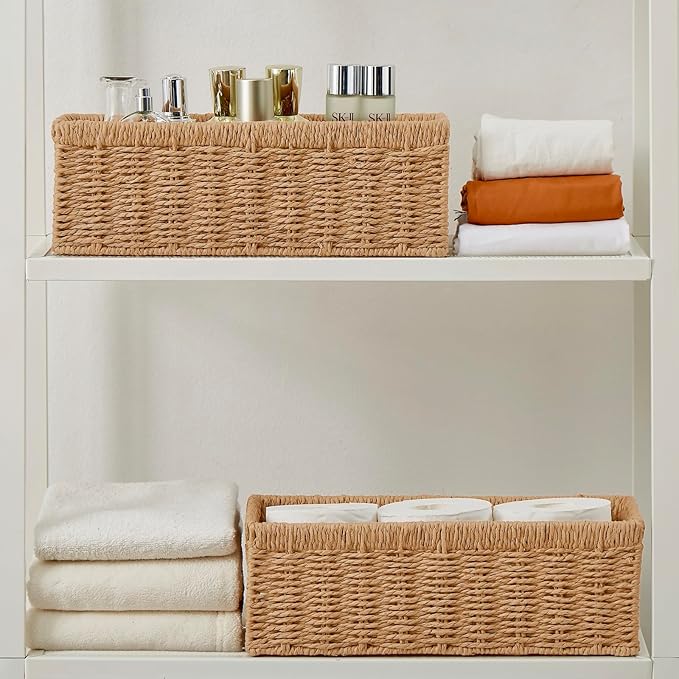 Vagusicc Wicker Storage Basket, Paper Rope Wicker Baskets with Handles, Toilet Paper Basket for Toilet Tank Top, Small Wicke Baskets for Organizing Shelves, 2-Pack, Natural
