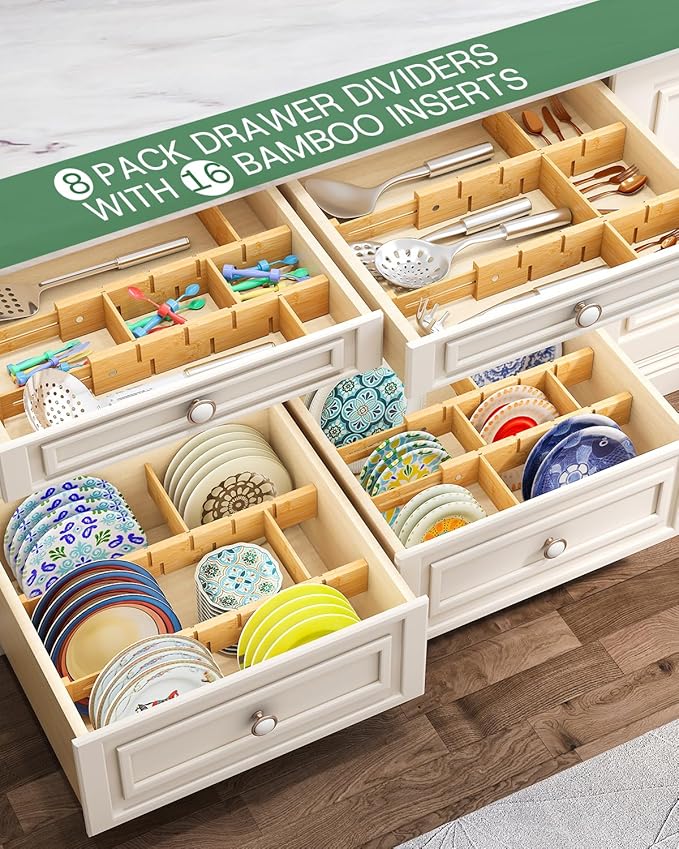 kiplant Kitchen Drawer Dividers - Adjustable Drawer Organizer for Clothes, Kitchen, Closet & Office - 8 Pack with Inserts, 13.8-18.8 Inches, Non-Slip Silicone Ends