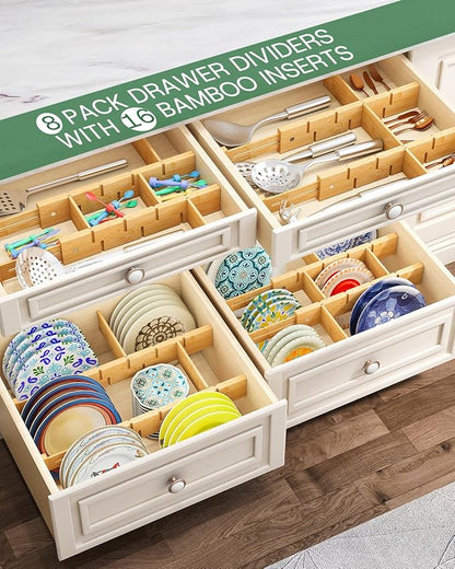 kiplant Kitchen Drawer Dividers - Adjustable Drawer Organizer for Clothes, Kitchen, Closet & Office - 8 Pack with Inserts, 13.8-18.8 Inches, Non-Slip Silicone Ends