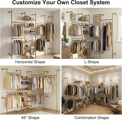 F4 Wall Mounted Closet System, Industrial Pipe Clothing Rack for Hanging Clothes, Heavy Duty Closet Organizer System, Clothes Racks with Shelves & Expandable Rod for Wardrobe, Corner, Gold