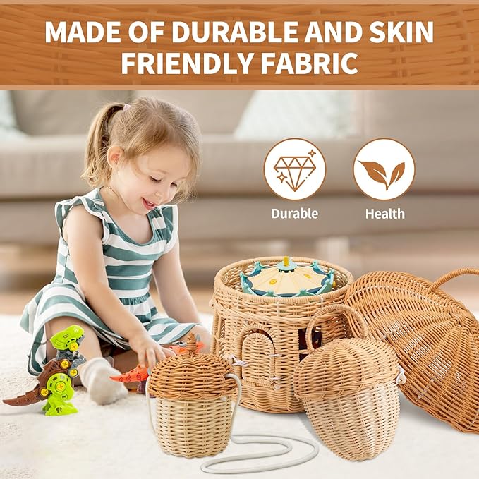 Handmade Wicker Rattan Mushroom-Shaped Storage Basket for Outdoor, Kids, Decor, Photography Props (Set of 3)
