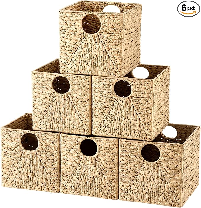 Jinei 6 Pcs Wicker Storage Basket Bulk 12 x 12 x 12 Inch Handwoven Water Hyacinth Cube Bin with Handles Woven Laundry for Organizer Shelves Wood Color