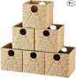 Jinei 6 Pcs Wicker Storage Basket Bulk 12 x 12 x 12 Inch Handwoven Water Hyacinth Cube Bin with Handles Woven Laundry for Organizer Shelves Wood Color