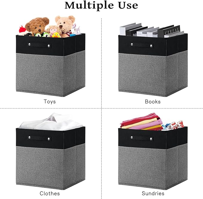 FinishingBo 13 x 13 Inch Fine Linen Storage Bins with Handles，Fabric Cube Boxs，Basket Organizers for Shelves for Home, Closet Drawers (Black/Gray-6 Pack)