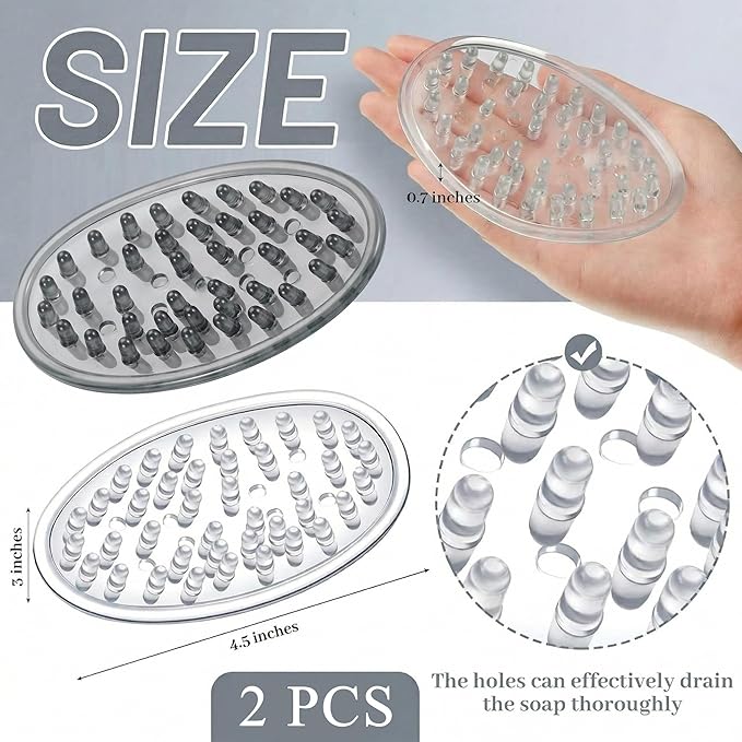 2 Pcs Plastic Soap Holder Soap Dish Bar Saver Tray with Holes Sponge Holder for Kitchen Bathroom Shower Counter, 4.5 x 3 x 0.7 Inches (Clear,Light Gray)