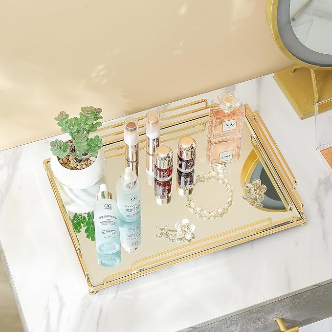Mirror Tray Modern Style Gold Vanity Perfume Tray for Bathroom Vanity Bedroom (Champagne Gold)