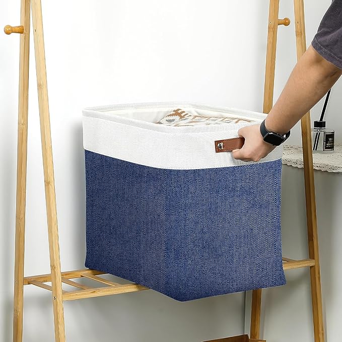 DULLEMELO Large Storage Basket 17"x12"x15",Fabric Organizer Bin for Storage Clothes, Toys, Books,Storage Bin with Handles for Bedroom, Closet, Nursery (White&Blue,1 Pack)