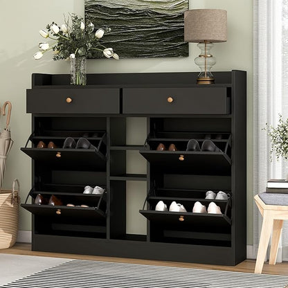 JIVOIT 2-Tier Shoe Storage Organizer, Modern Wooden Shoe Cabinet with 4 Flip Drawers, Multifunctional Free Standing Shoe Rack for Entrance Hallway Small Spaces (Black+4 Flip Drawers)