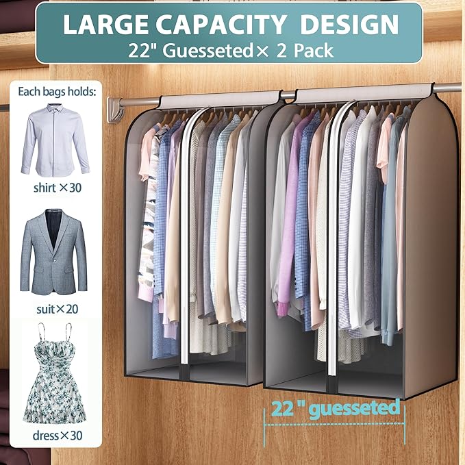 Liuoud 22” Gusseted Garment Bags for Hanging Clothes, Large Clear Window Clothes Cover for Closet Storage, Wardrobe Coat Protector for Suit, Shirt Dress, Bottom Enclosed, 2 Pack, 40” Long