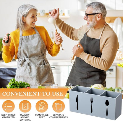 Suzile Acrylic Cutlery Storage Organizer Bin Silverware Caddy Countertop Knife Spoon and Fork Holder Kitchen 3 Section Tableware Storage Box for Cabinet Indoor Home Flatware Dining Room (Gray,M)