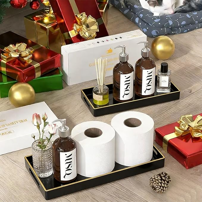 Black Bathroom Vanity Tray for Countertop,Small Rectangular Plastic Tray for Toilet Tank,Multi-Purpose Bathroom Organizer for Makeup,Perfumes,Jewelry,Candles & Keys