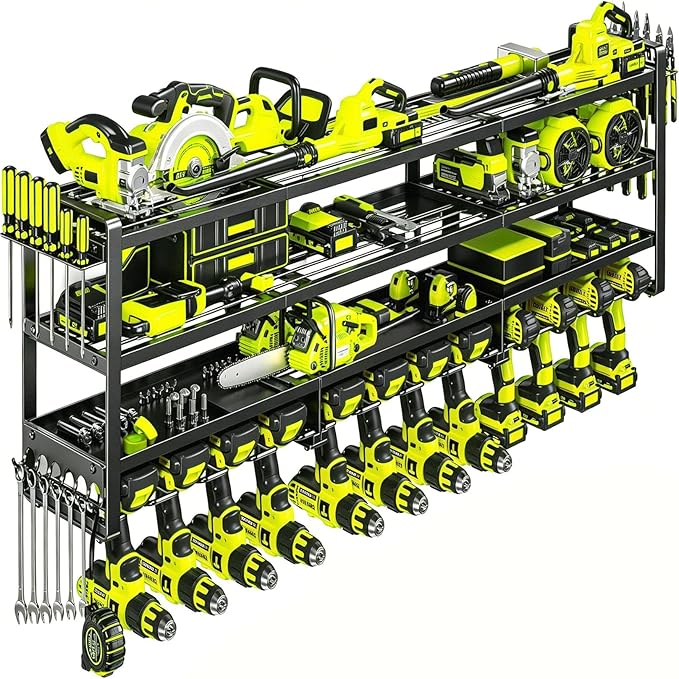 49" Heavy Duty Wall Mount Power Tool Organizer, 4-Tier Storage Rack with 12 Drill Holders & Battery Shelves, 600LBS Capacity for Garage Workshop