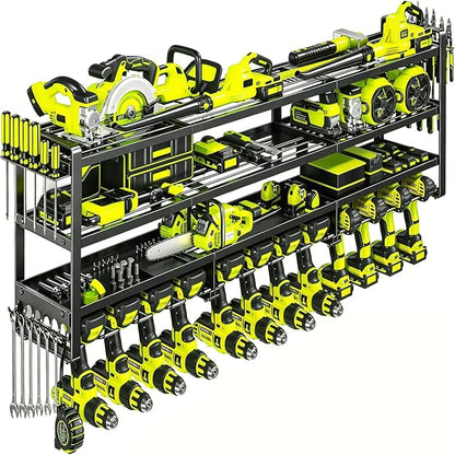 49" Heavy Duty Wall Mount Power Tool Organizer, 4-Tier Storage Rack with 12 Drill Holders & Battery Shelves, 600LBS Capacity for Garage Workshop