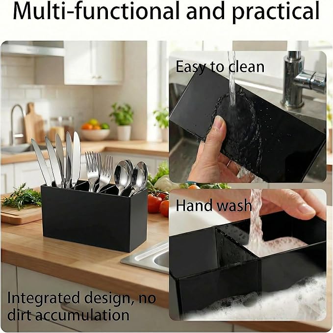 Daxolanz 3 Section Acrylic Cutlery Organizer for Countertop, Modern Flatware Storage Caddy for Spoons Forks Knives, Space Saving Utensil Holder for Kitchen, Cabinet or Dining Room (Medium)