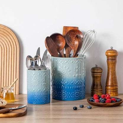 LOVECASA Utensil Holder, 7.2"+5.4" Ceramic Utensil Holder for Countertop, Large Cooking Utensil Crocks for Kitchen Counter, Farmhouse Utensil Vase for Housewarming, Kitchen Decor, Set of 2, Oceans