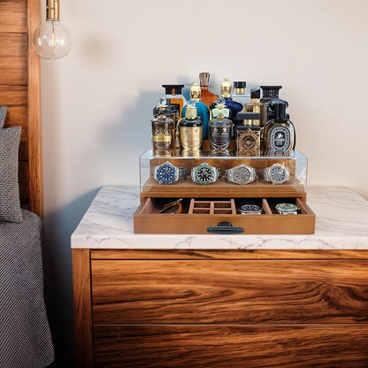 Cologne and Watch Organizer Walnut Brown – Wooden Perfume Display Stand with Jewelry Storage Drawer, Velvet Lining, Hidden Compartment – Large Cologne Holder – Gift Box Included