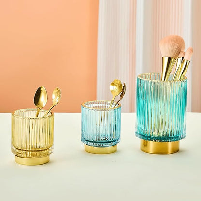 Makeup Brush Organizer, Toothbrush Holder, Desk Pen Pencil Holder, Multifunctional Vintage Glass Brush Cup (S/Blue/A3-13-US)