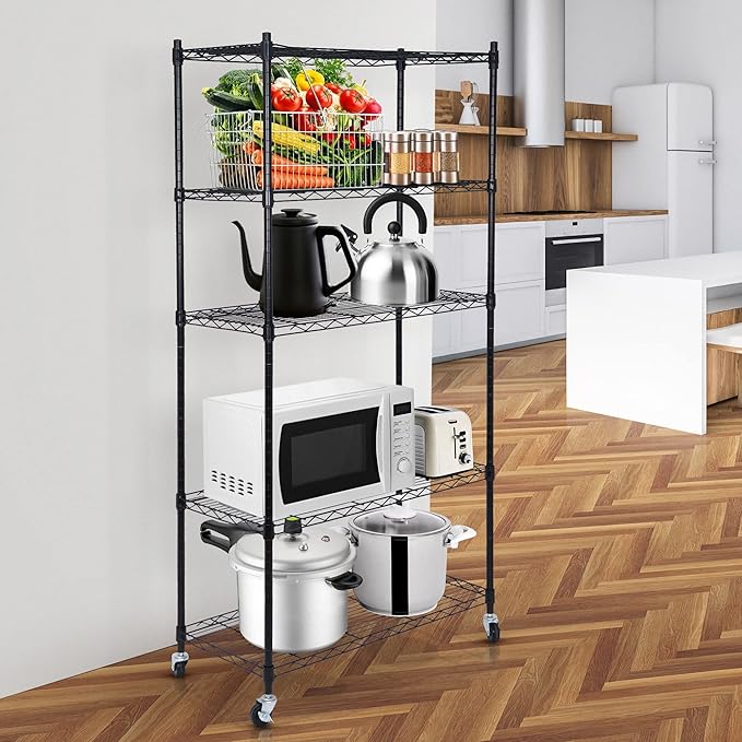 SUPER DEAL Black 5-Shelf Heavy Duty Storage Wire Shelving Unit with Wheels for Restaurant Garage Pantry Kitchen Garage Rack (30L x 14W x 63H)