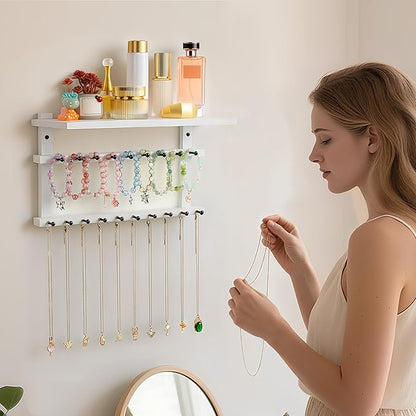 Emfogo Necklace Holder, Necklace Organizer Wall Mount Upgraded Oversized, 19 Hooks for Bracelet Necklace Storage Hanging, Jewelry Organizer Tray & Cosmetic Shelf
