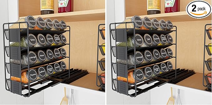 SpaceAid Pull Out Spice Rack Organizer with 20 Jars, Heavy Duty Slide Out Seasoning Organizer for Kitchen Cabinets, with 801 Labels and Chalk Marker, Right Facing (Pack of 2)