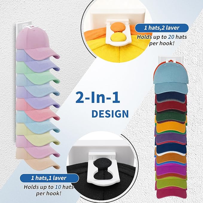 Enwokran Baseball Cap Organizer - Bedroom Closet Storage | 2 Pack, 40 Hats Capacity, Multilayer Rack with 2 Mounting Options(White)