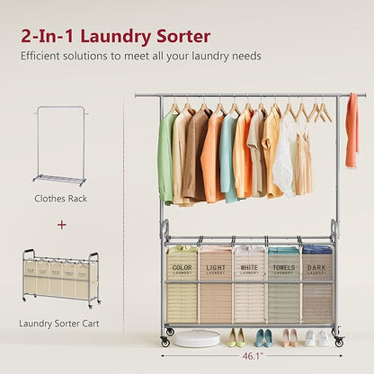 Tajsoon Laundry Sorter with Hanging Bar, 5 Bag Laundry Sorter with Wheels, 246L (65 Gal.) Laundry Hamper with Adjustable Hanging Rack, Laundry Room Organization and Storage, Beige