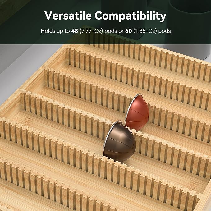 for Nespresso Vertuo Capsules - Premium Bamboo Coffee Pod Drawer Insert Organizer for Counter (48 Big or 60 Small Pods)-14.84" Wx11.81" Dx1.54" H