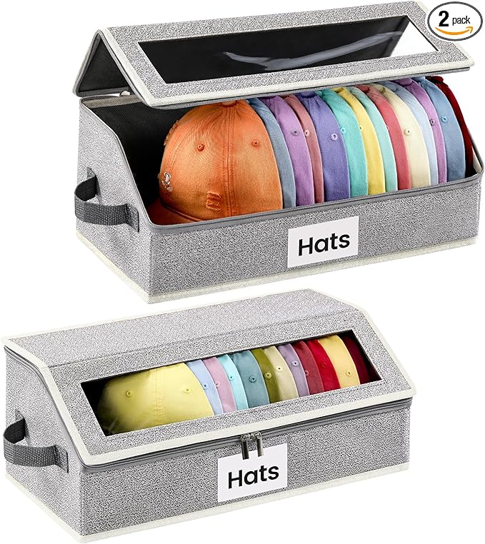 Hat Organizer for Baseball Caps, 2-Pack Stackable Hat Storage Box Holds 30 Caps, Foldable Cardboard Holder with Clear Dust-Proof Window for Closet, Grey